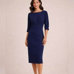 Antonio Melani Navy Pleated Waist 3/4 Sleeve Midi Sheath Dress NWT